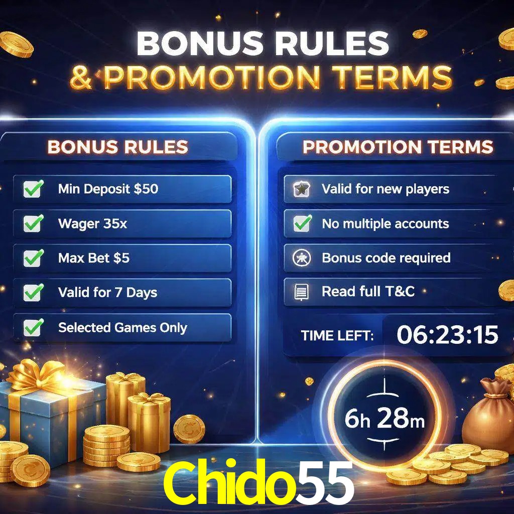 Reglas de promoción Chido55 y condiciones de bonos explicadas visualmente