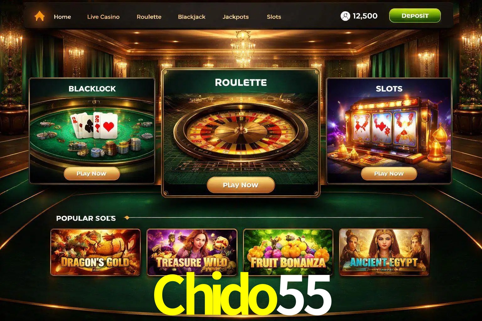 Vista de la plataforma Chido55 Casino mostrando categorías organizadas de juegos en línea