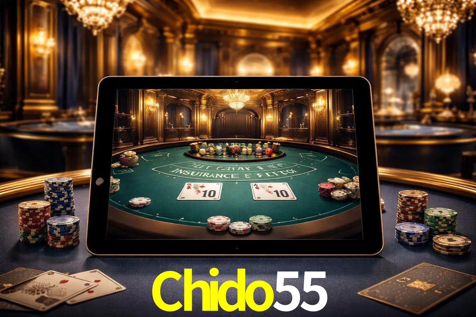 Configuración moderna de casino en vivo con una tableta mostrando una mesa de blackjack, luces cálidas de estudio y una atmósfera elegante de juegos digitales.